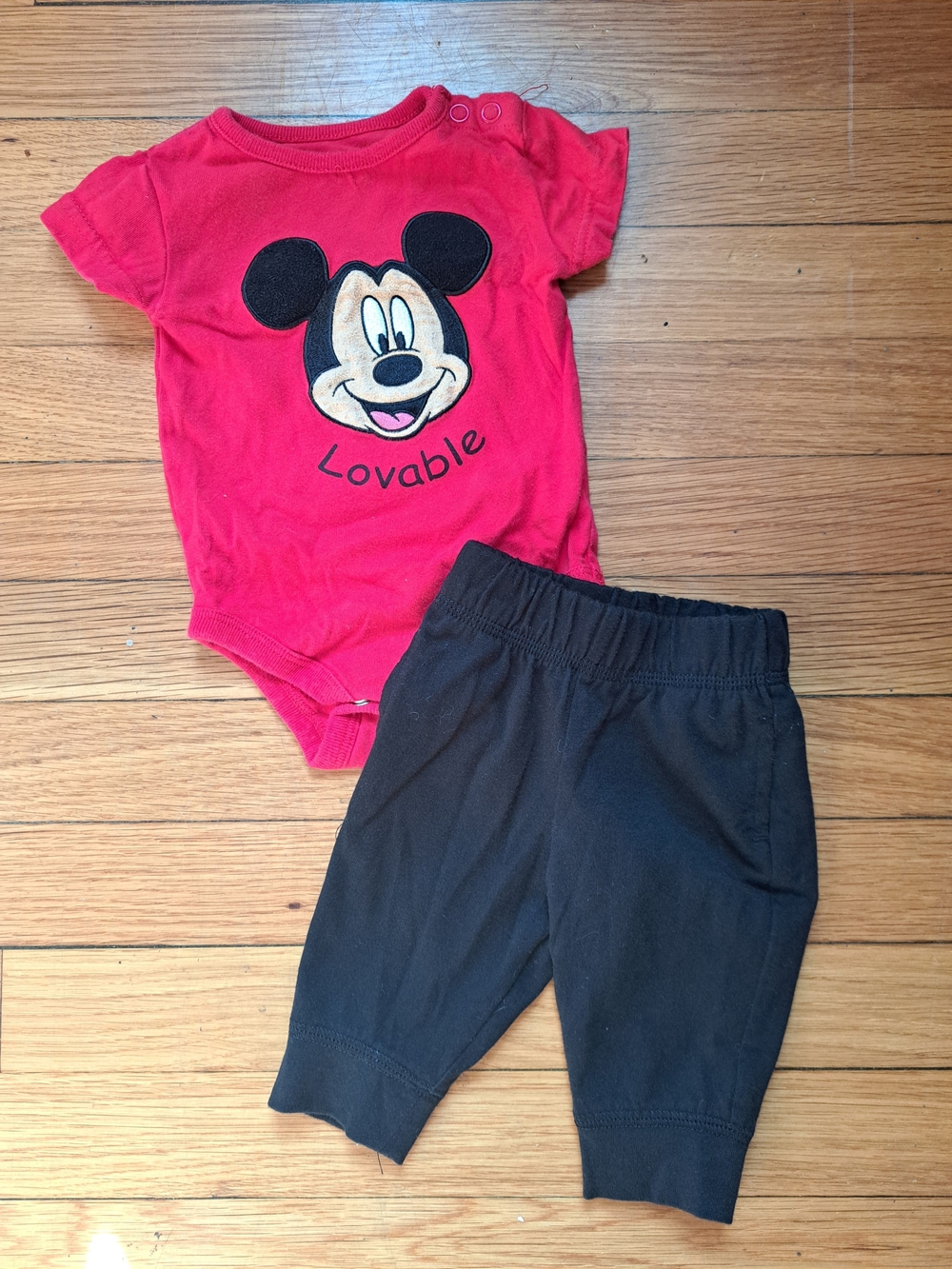 Disney Red Mickey Mouse 'Lovable' Bodysuit with Black Jogger Pants